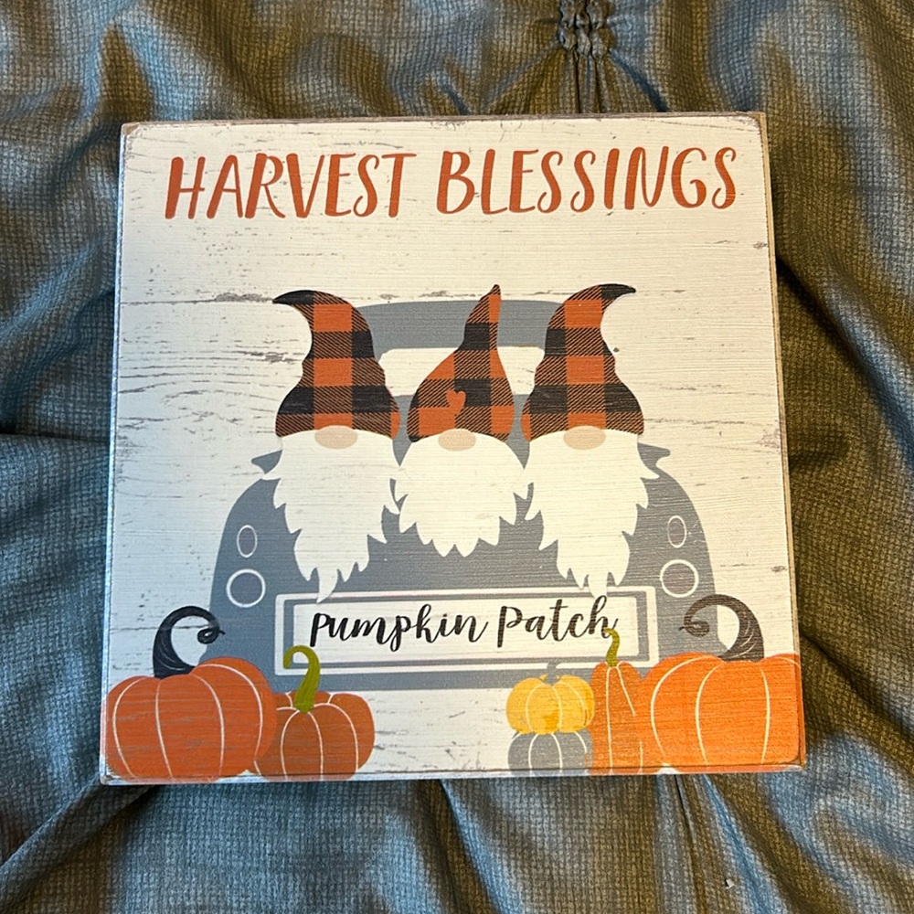 Gnome HARVEST BLESSINGS Fall shelf sign plaque NEW